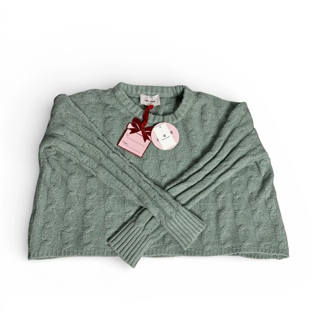 Pink Rose Cable Knit Cropped Sweater Sage Green Size M New